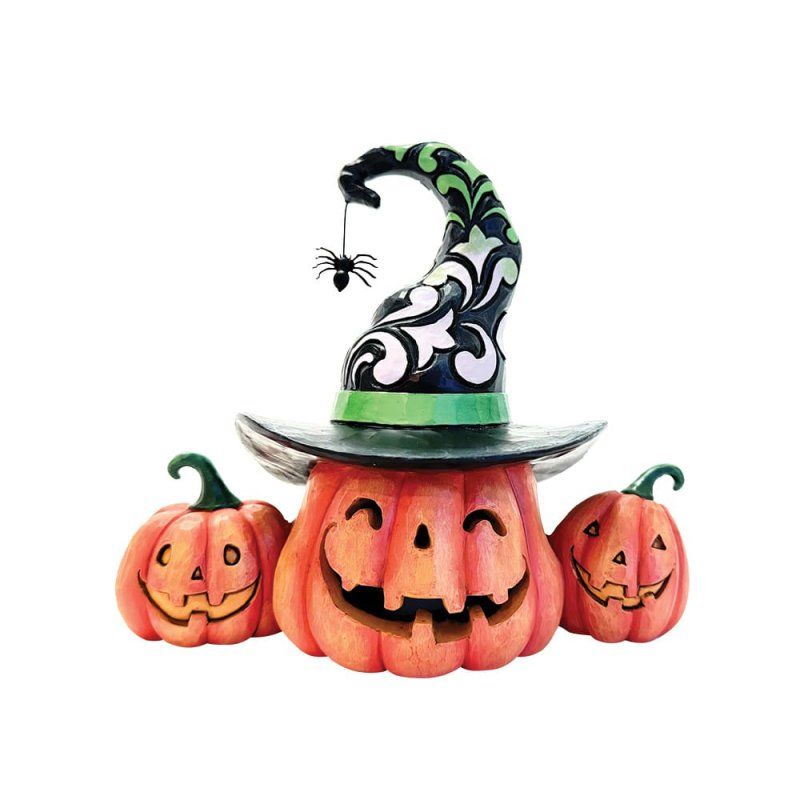 Halloweenpompoenversiering met heksenhoed en lachende gezichtjes.