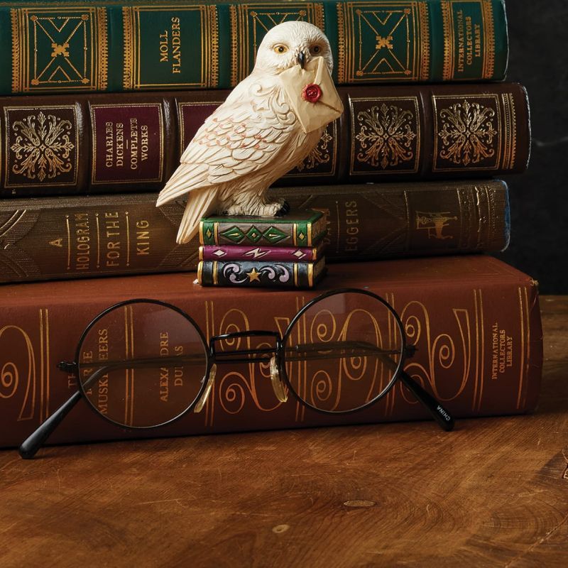 Een witte uil met een brief zit op een stapel kleurrijke boeken.