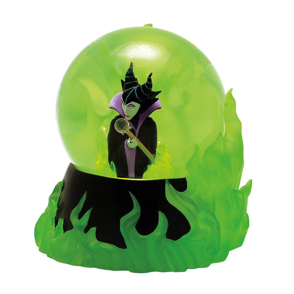 Sneeuwbol met Maleficent, groen, schurk, die een toverstaf gebruikt. Groene vlammenbasis.