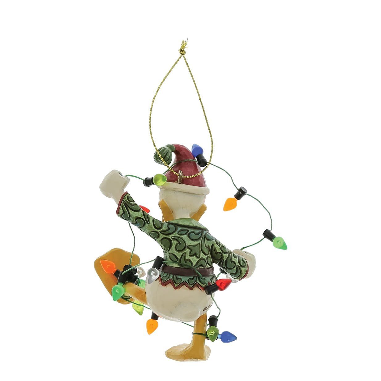 Een kerstornament van Donald Duck, verstrikt in de kerstverlichting. Hij draagt een kerstmuts en heeft een gefrustreerde uitdrukking op zijn gezicht.