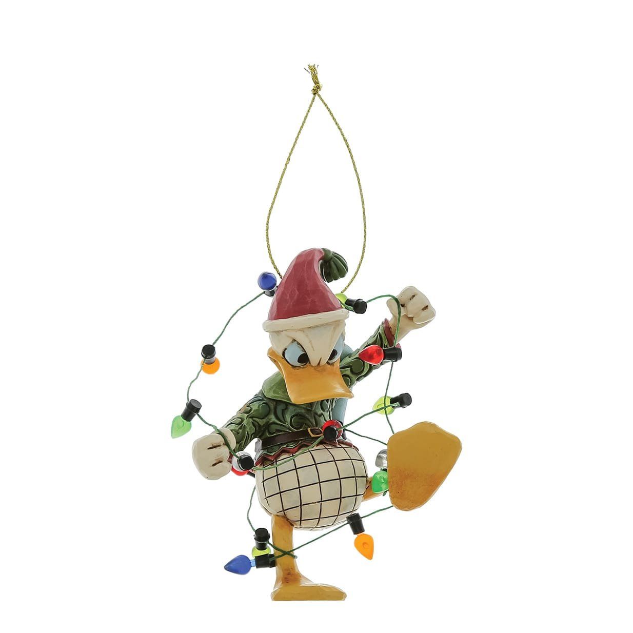Een kerstornament van Donald Duck, verstrikt in de kerstverlichting. Hij draagt een kerstmuts en heeft een gefrustreerde uitdrukking op zijn gezicht.