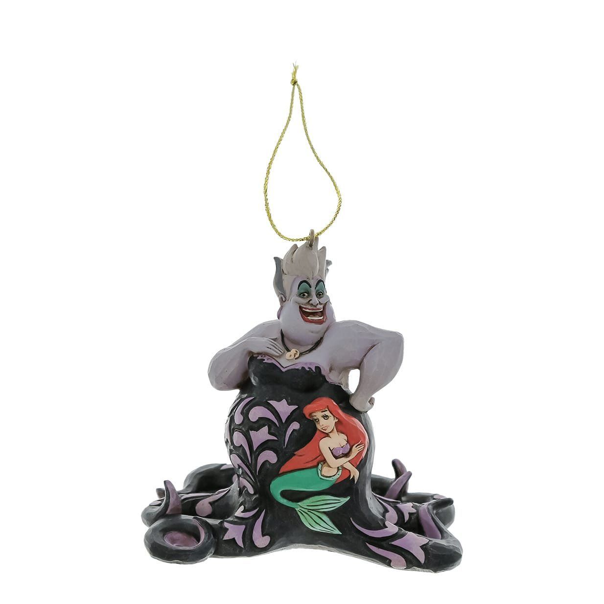 Ursula-ornament met Ariel. Paars octopuslichaam, Ursula met een ondeugende uitdrukking, gouden koord.