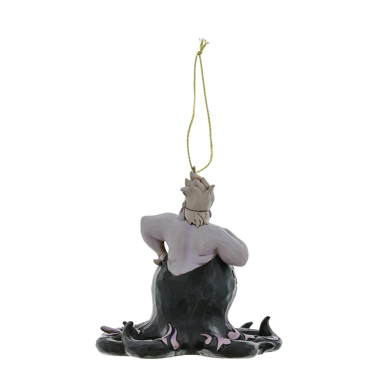 Ursula-ornament met Ariel. Paars octopuslichaam, Ursula met een ondeugende uitdrukking, gouden koord.