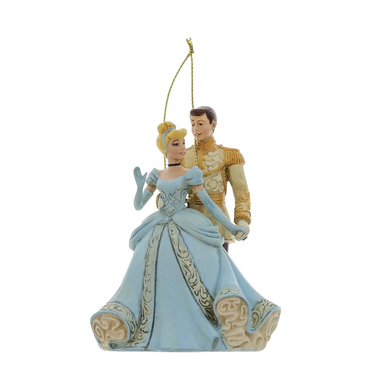 Ornament van Assepoester en Prins Charmant, Assepoester in een blauwe jurk, Prins in een gouden jurk.