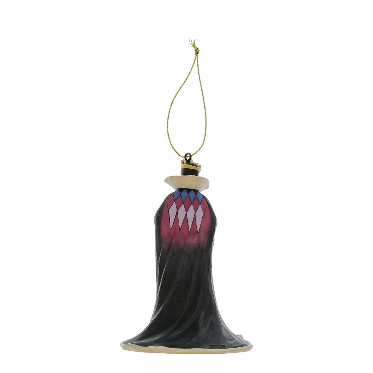 Kerstornament van de Boze Koningin met een rood hartvormig doosje in haar hand, gekleed in een paarse en zwarte jurk.