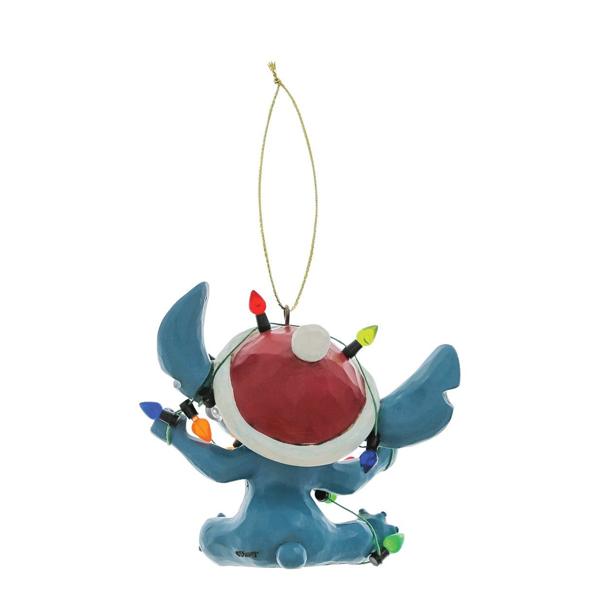 Een kerstornament van Stitch met een kerstmuts op en een lichtsnoer in zijn hand.