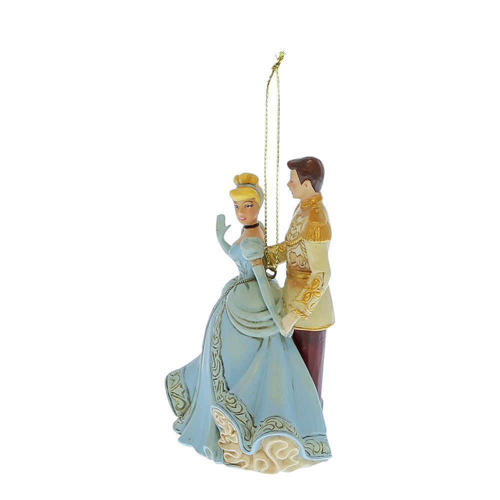 Ornament van Assepoester en Prins Charmant, dansend. Blauwe jurk, gouden accenten.