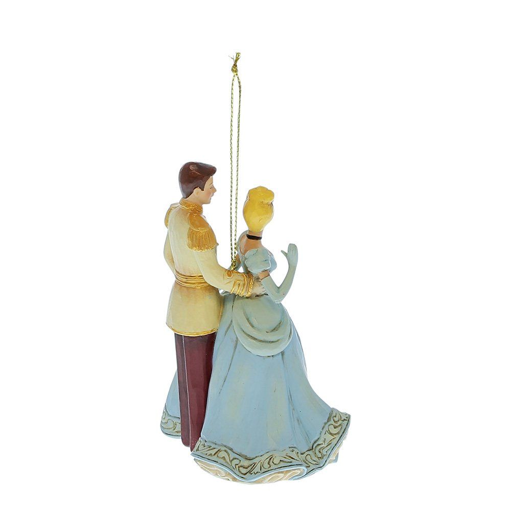 Assepoester en Prins Charmant dansen, een kerstornament. Ze zijn lichtblauw, goud en beige.