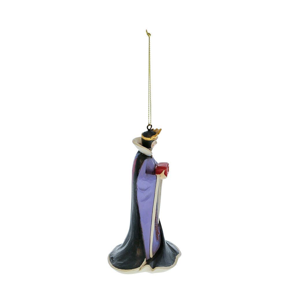 Kerstornament van de Boze Koningin, paarse jurk, zwarte cape, met een boek in haar hand.