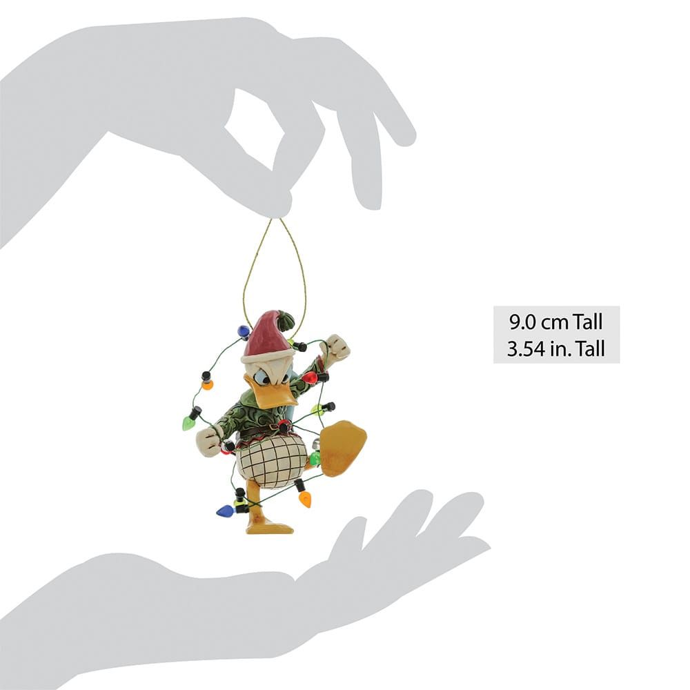 Donald Duck kerstornament, omwikkeld met lichtjes, vastgehouden door een hand, 9 cm hoog.