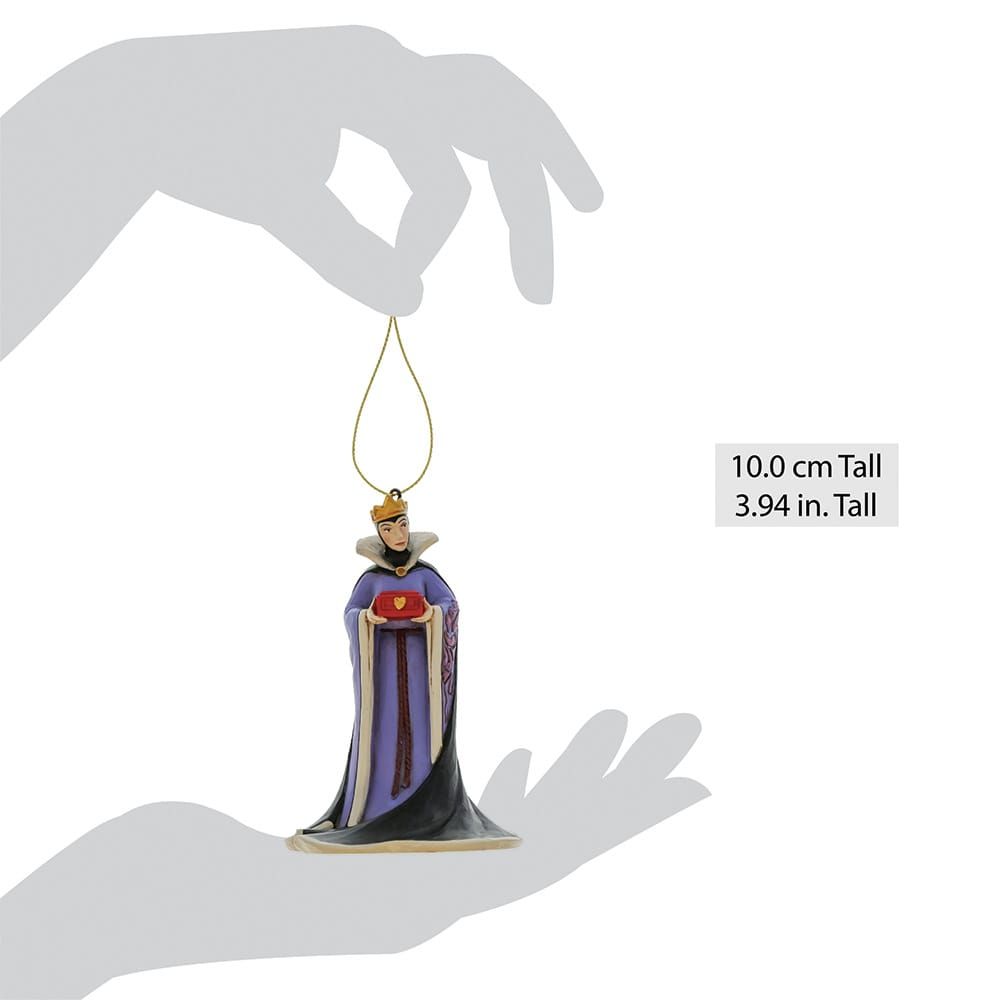 Ornament van de Boze Koningin met een hart, paarse en zwarte jurk, gouden lus, 10 cm hoog.