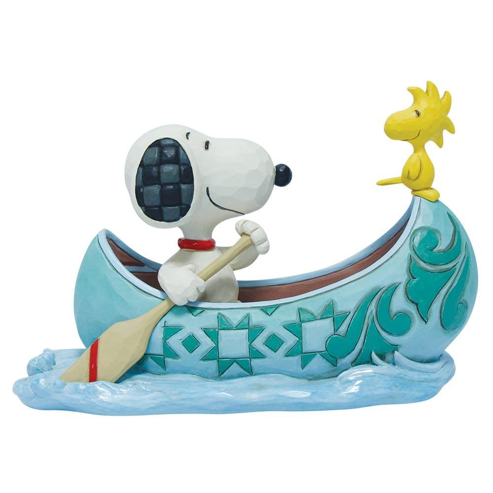 Snoopy peddelt in een kano met Woodstock; beiden zijn lichtgekleurd tegen een blauwe kano en het water.