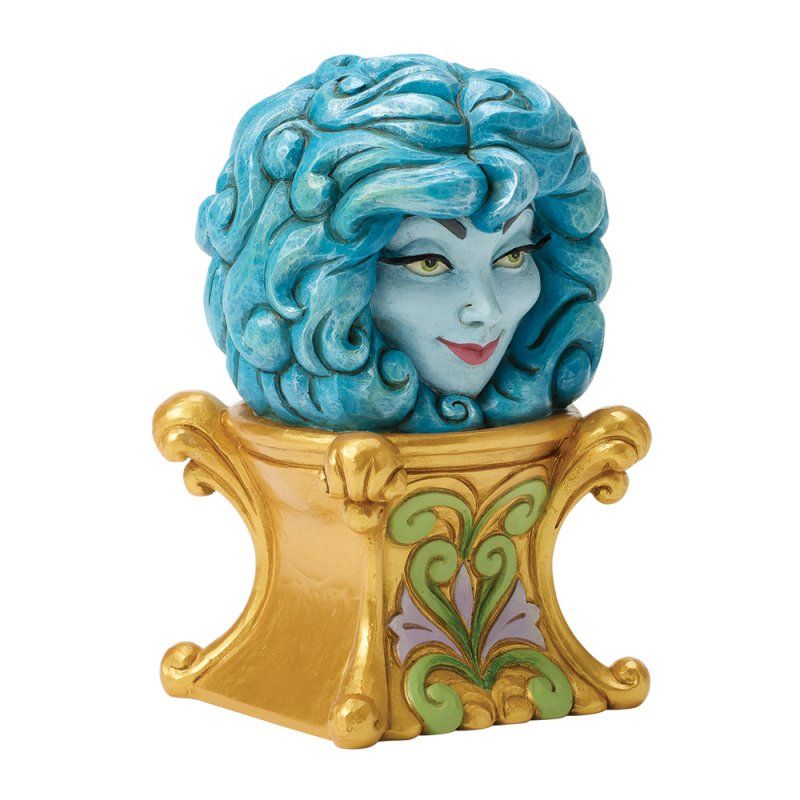 Hoofd van een waarzegster met blauw haar op een gouden voetstuk met groene en paarse versieringen.