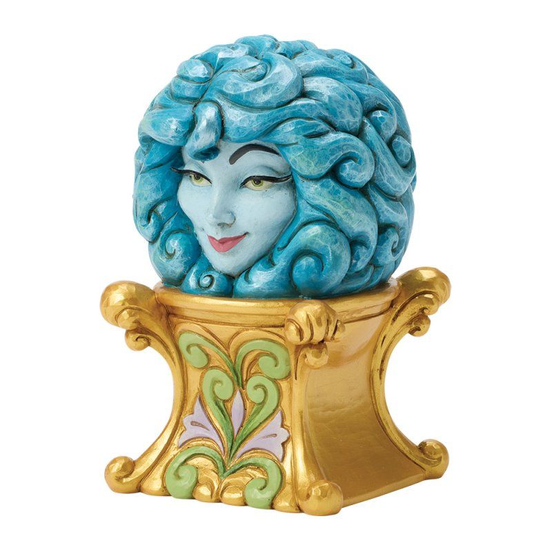 Het hoofd van een waarzegster met blauw haar op een sierlijk gouden voetstuk met groene en paarse versieringen.