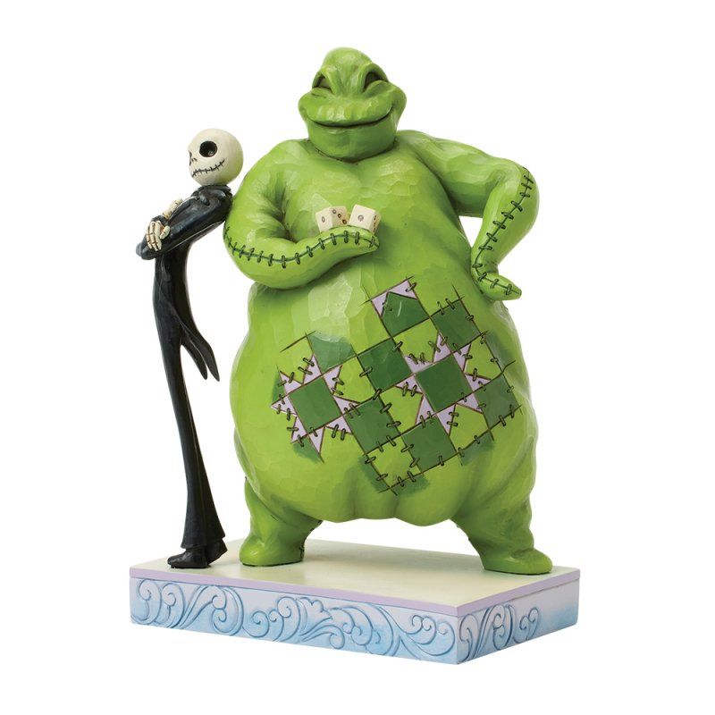Jack Skellington leunt tegen Oogie Boogie, een figuur in een groene zak met dobbelstenen.