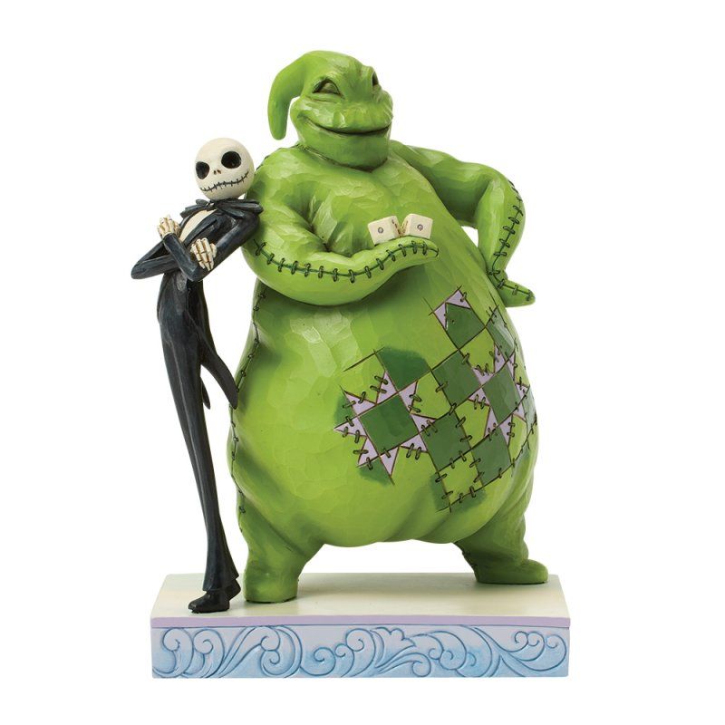 Jack Skellington leunt tegen Oogie Boogie, een figuur in een groene zak met dobbelstenen.