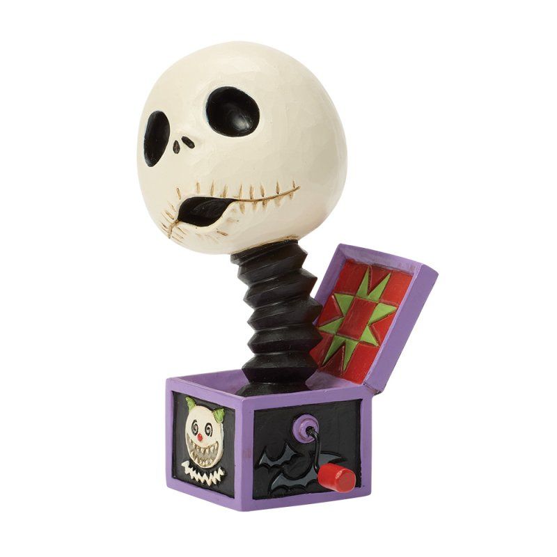 Een Jack Skellington-bobblehead uit The Nightmare Before Christmas, die uit een springpoppetje tevoorschijn komt.