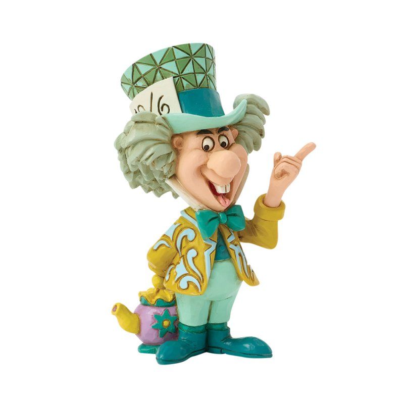 Een beeldje van de Gekke Hoedemaker uit Alice in Wonderland, die naar boven wijst en een grote hoed draagt, in turkoois en goud.