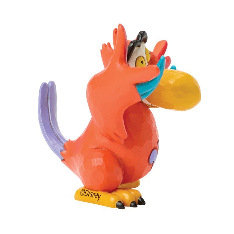 Oranje Iago-beeldje met blauwe accenten, gele snavel en paarse staart. 