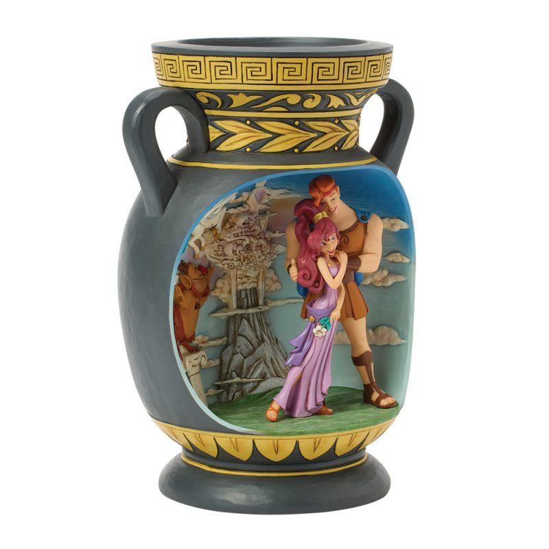 Decoratieve vaas met Disney Hercules-thema. Hercules en Megara omhelzen elkaar in de vaas. De vaas is versierd met blauwe, gele en zwarte details.