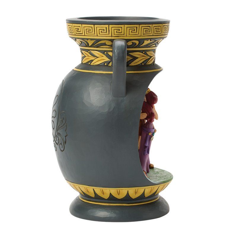 Grijze vaas met gouden accenten, met een uitsparing die twee figuren in paars en rood onthult.
