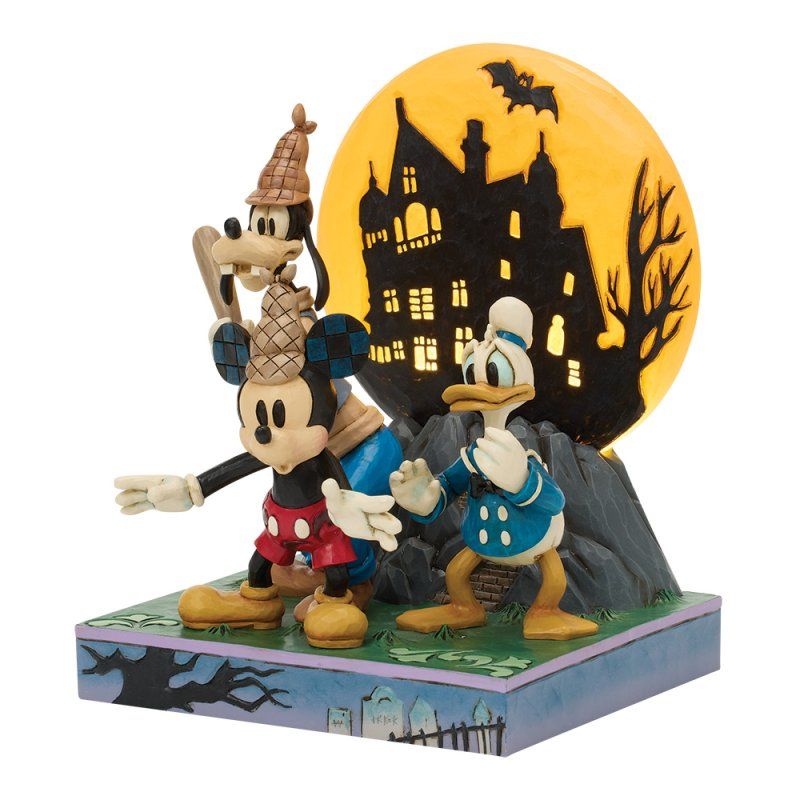 Disney Halloween-figuurtje: Mickey, Donald en Goofy in kostuums voor een spookhuis.