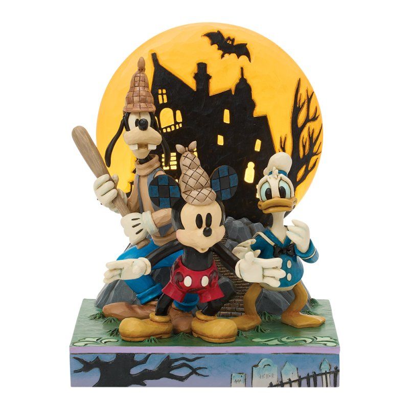 Disney Halloween-figuurtje: Mickey, Donald en Goofy in kostuums voor een spookhuis.