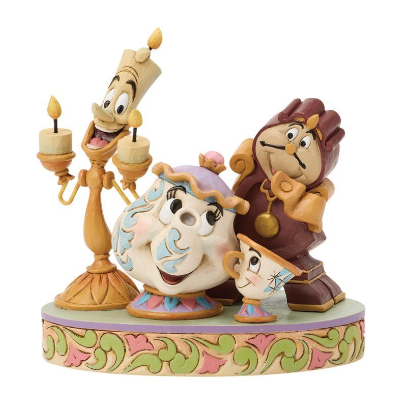 Figuurtjes van de personages uit Disney's Belle en het Beest: Lumière, Mrs. Potts, Cogsworth en Chip.