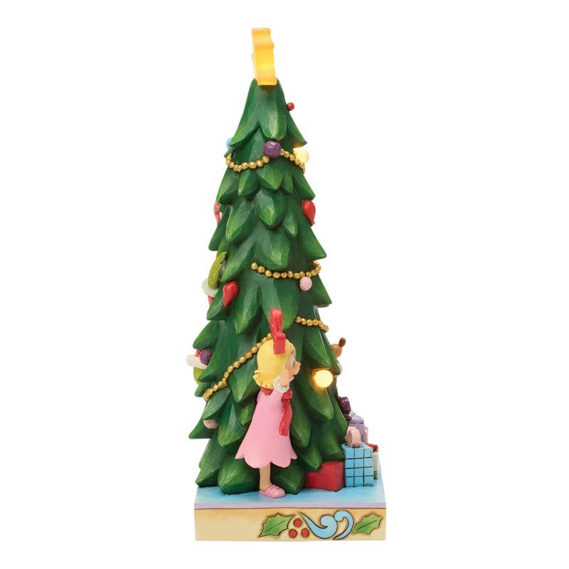 De Grinch, Cindy Lou Who en Max bij een versierde kerstboom; groene, rode en roze figuurtjes met cadeautjes.