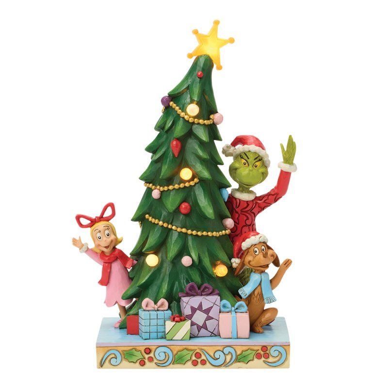 De Grinch, Cindy Lou Who en Max bij een versierde kerstboom; groene, rode en roze figuurtjes met cadeautjes.