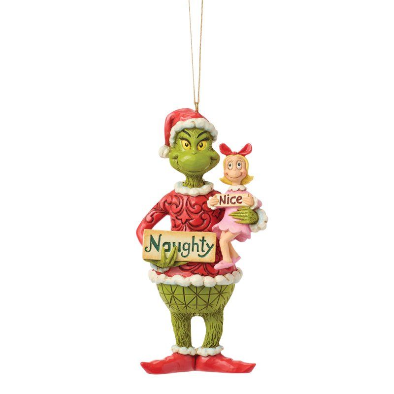 Een Grinch-ornament dat een meisje en een bordje met 'Stout' vasthoudt; het meisje houdt een bordje met 'Braad' vast.