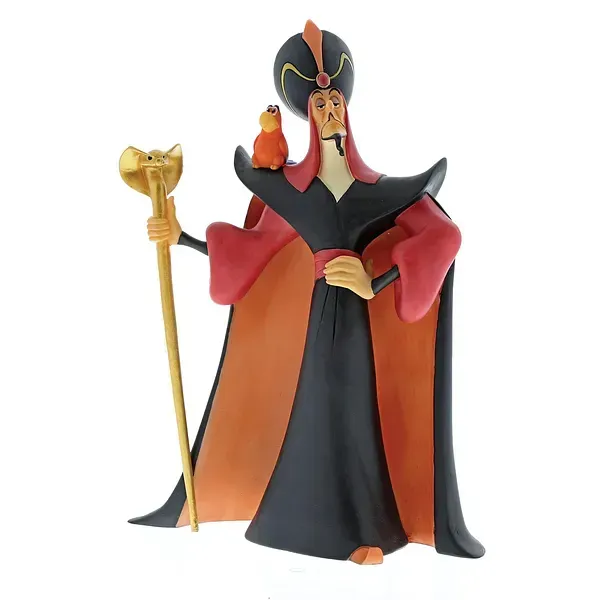 Een Jafar-figuurtje uit Disney's Aladdin, gekleed in een zwart gewaad met rode voering, met een staf in zijn hand en vergezeld door de rode vogel Iago.