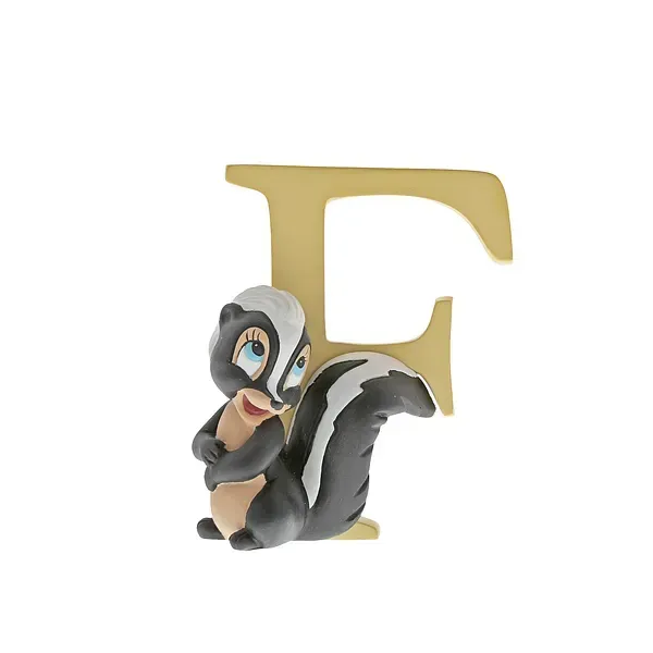 Een stinkdier dat een noot omarmt, naast een goudkleurige letter F.