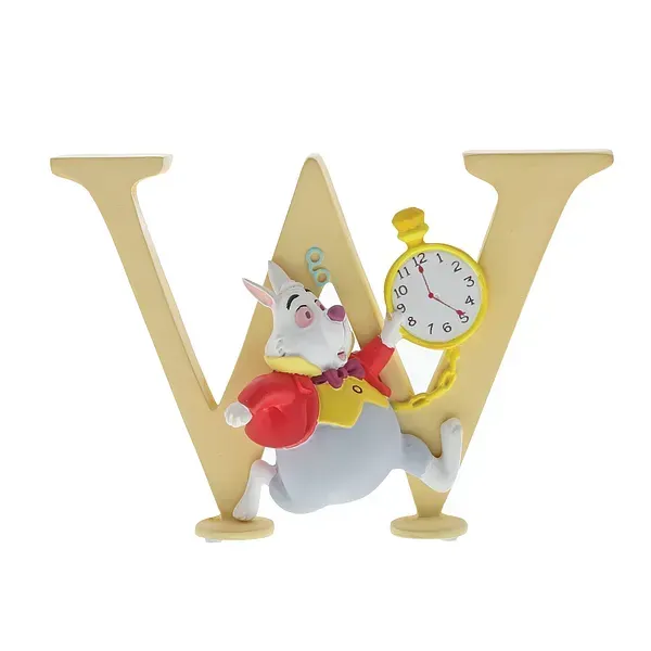 Het personage Witte Konijn houdt een zakhorloge vast, dat aan de letter 