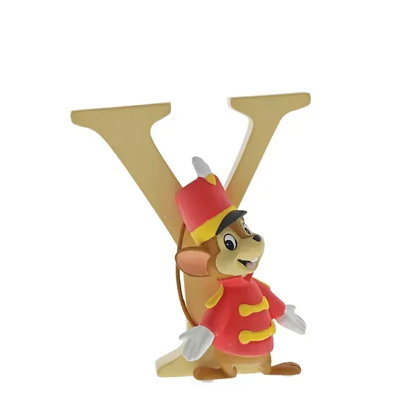 Een Disney-figuurtje van Timothy Mouse in een rood uniform naast een beige letter 