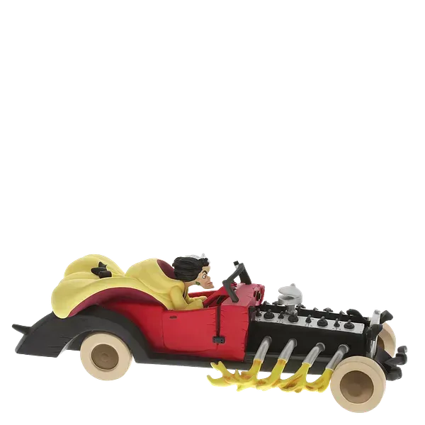 Een vrouw in een rode cabriolet met vlammen.