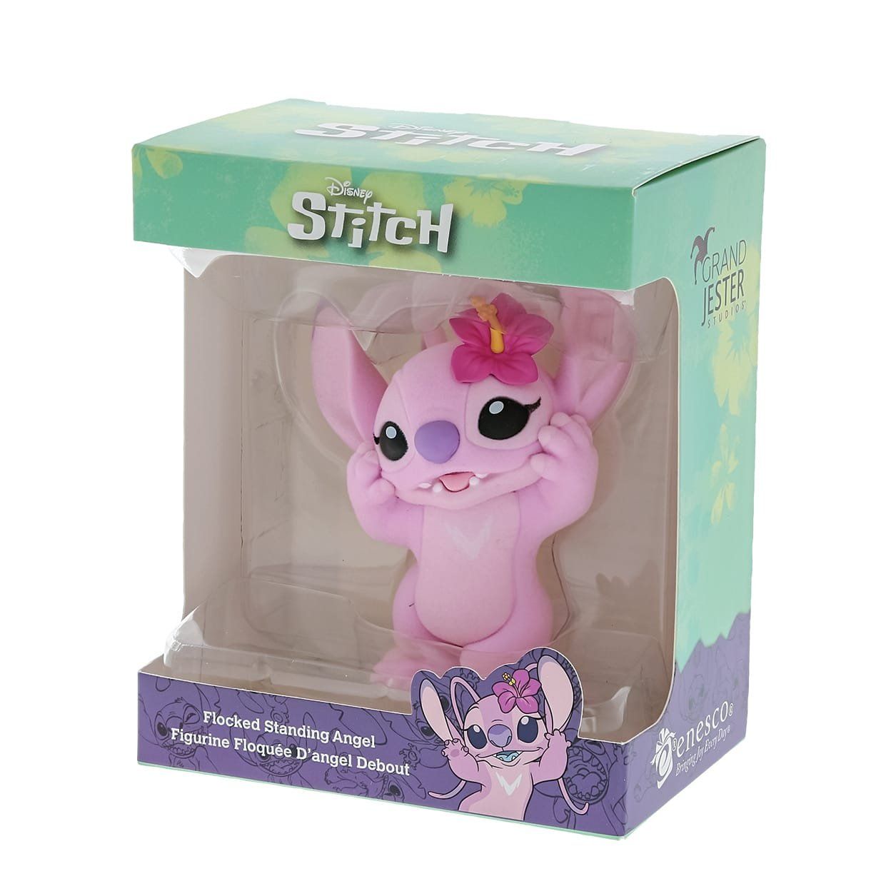 Roze engelfiguurtje uit Lilo en Stitch in een doos met een hibiscusbloem.