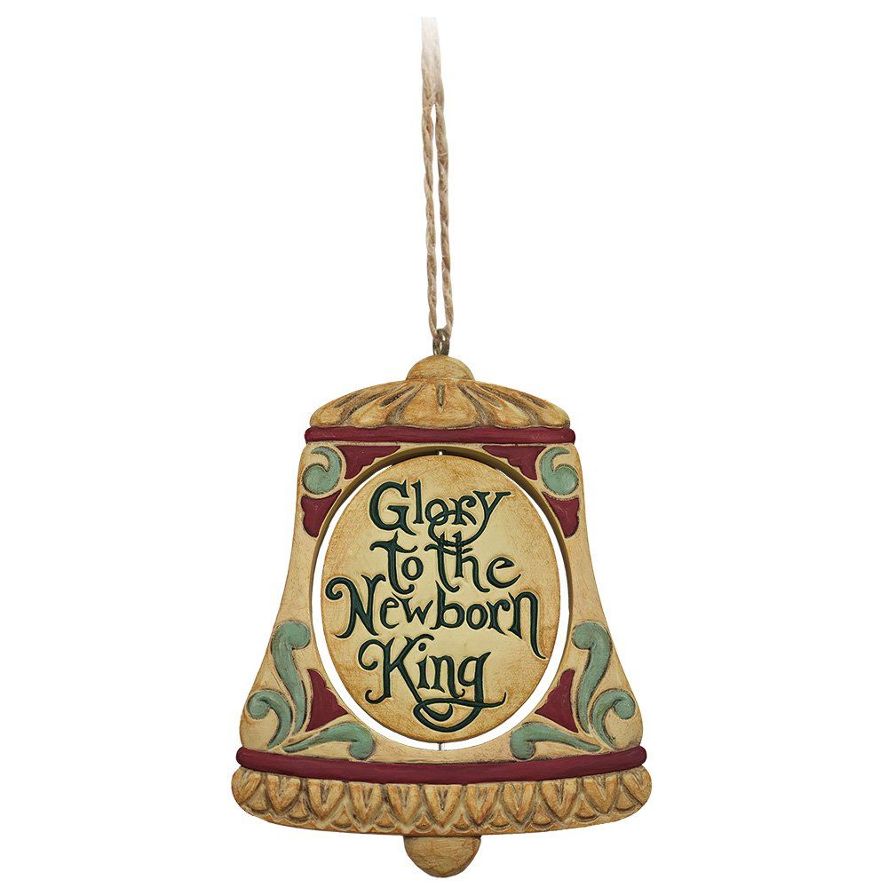 Kerstbelornament met kerststal: Maria, Jozef en het kindje Jezus onder een ster.