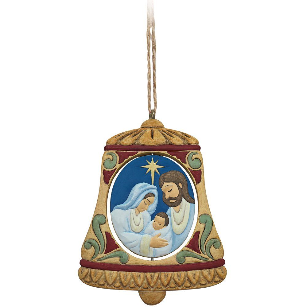 Kerstbelornament met kerststal: Maria, Jozef en het kindje Jezus onder een ster.