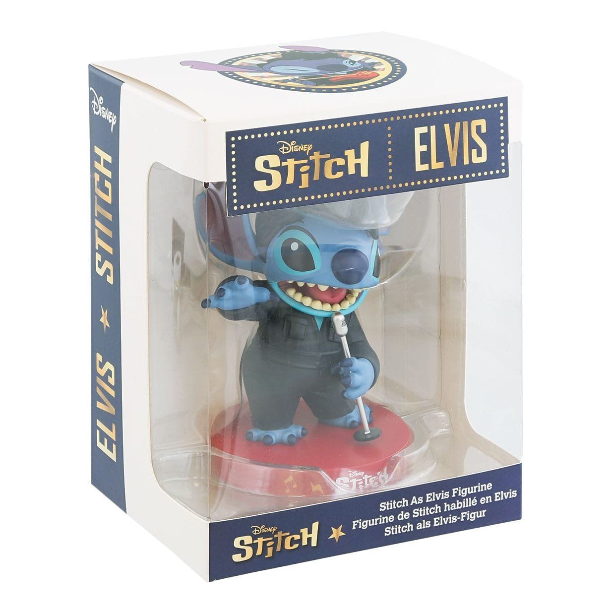 Een Stitch-figuurtje in een outfit geïnspireerd op Elvis Presley, in een doos in blauwe en rode kleuren.
