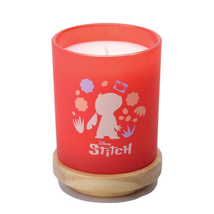 Rode Disney Stitch-pot met houten deksel, Stitch-silhouet en bloemenaccenten.