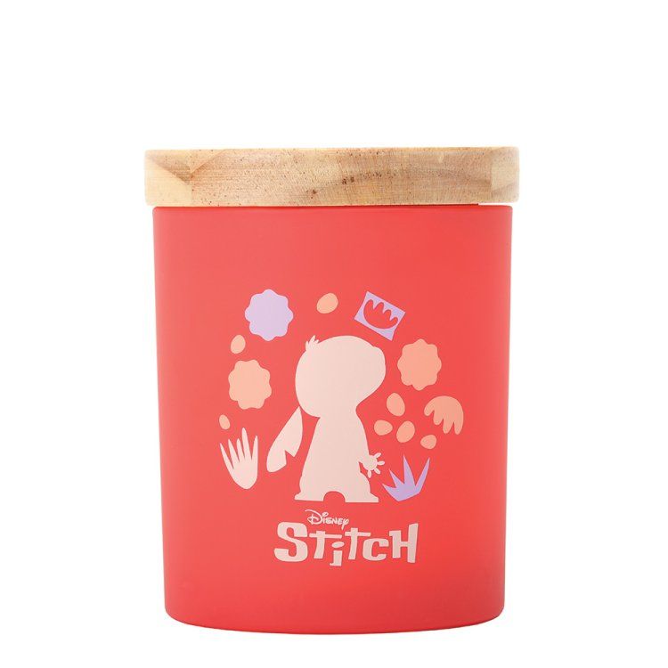 Rode Disney Stitch-pot met houten deksel, Stitch-silhouet en bloemenaccenten.