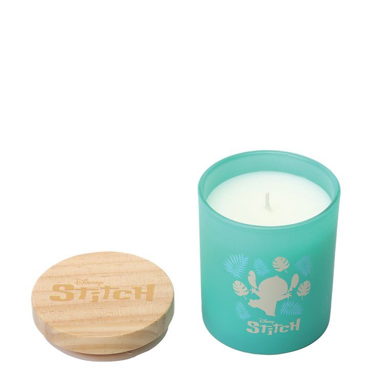 Turquoise Stitch-container met houten deksel. Stitch-silhouet met tropische bladeren.