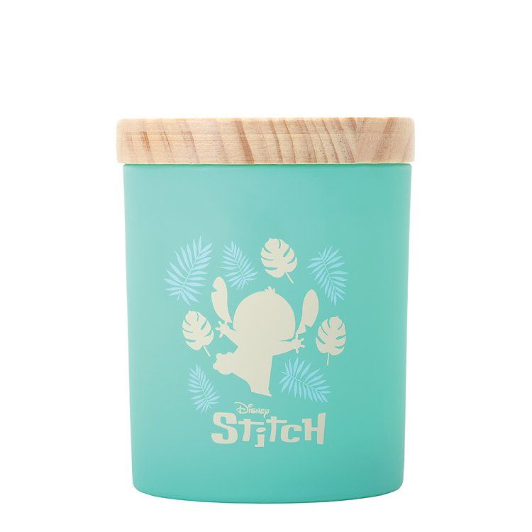 Turquoise Stitch-container met houten deksel. Stitch-silhouet met tropische bladeren.