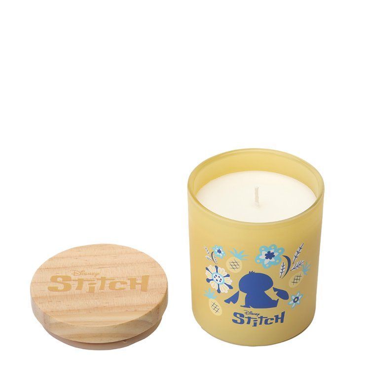 Gele Stitch-container met houten deksel, blauwe Stitch-silhouet en bloemmotieven.