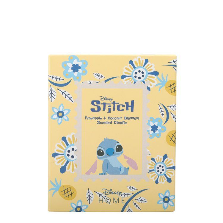 Een gele doos met Stitch-thema, een blauw bloemenpatroon, het Stitch-figuurtje en het Disney-logo.