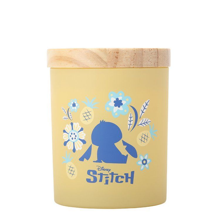 Gele Stitch-container met houten deksel, blauwe Stitch-silhouet en bloemmotieven.