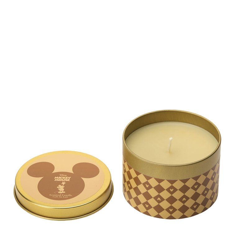Geurkaars met Mickey Mouse-geur in een gouden blikken doosje met een ruitjespatroon. Het deksel is eraf en toont een silhouet van Mickey.
