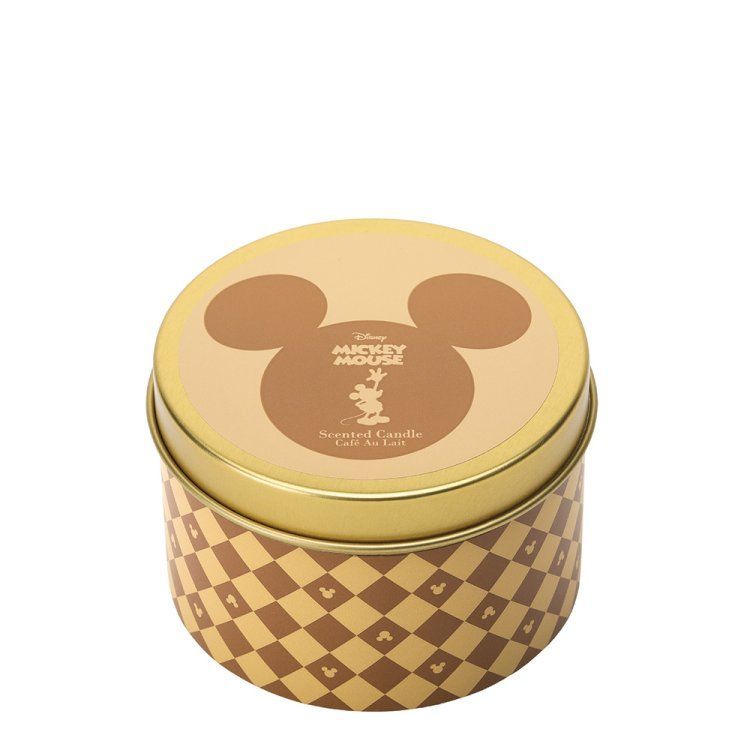Rond blik met Mickey Mouse erop en een ruitpatroon. Het blik is lichtbruin.