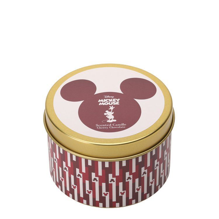 Geurkaars met Mickey Mouse-geur in een gouden blikje met rood-wit design.